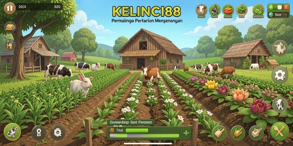 Screenshot gameplay KELINCI88 menampilkan ladang yang subur dan hewan ternak.